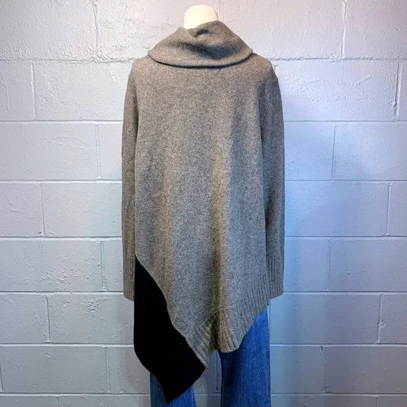 Eileen Fisher Yak Merino Wool Cowl Neck Asymmetrical Sweater Grey Black Large - Picture 2 of 6